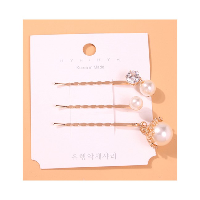 LRC Jepit Rambut Fashion Golden Pendant Three-piece Alloy Imitation Pearl Hairpin Set