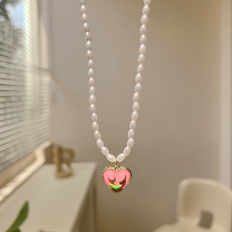 Kalung Rantai Choker Liontin Manik-Manik Mutiara Bentuk Hati Tulip Warna Pink Untuk Wanita