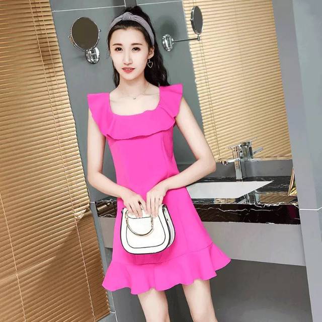 B003 dress korea dress pink  Korean Bodycon Sexy Mini Dress Square Neck Dress Wanita Lengan Pendek