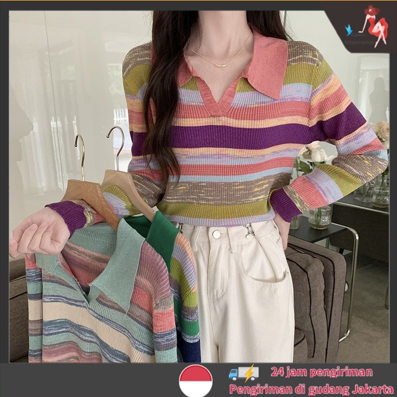 Sweater Rajut Knitwear Stripe Korea Style Lengan Panjang Wanita Knit Wrap Top