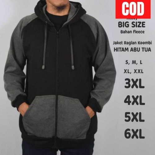 Jaket Pria Hoodie Raglan Kombi Hitam Abu Tua Jumbo Big Size - M