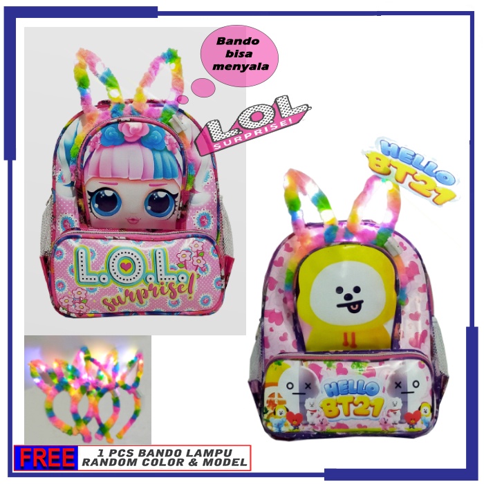 PROMO !!! Tas ransel mini anak Perempuan Sekolah PAUD/TK karakter L.O.L - BT21 FREE BANDO LAMPU !!!