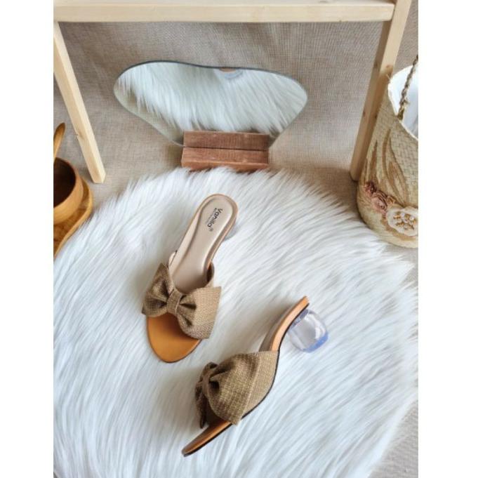 Bahan Pilihan SEPATU HAK KACA TAHU ANDIN TINGGI 5CM / SEPATU WANITA PREMIUM SU91 BAHAN KAIN KREM ..,