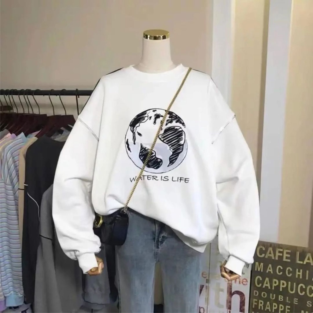 SWEATER WANITA WATER IS LIFE / PAKAIAN WANITA ALA KOREA / CREWNECK CASUAL FLEECE TEBAL LEMBUT TERBARU'