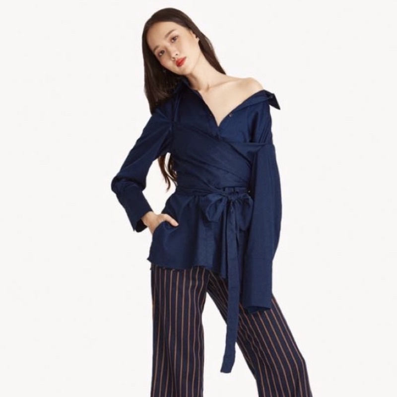 pomelo wrap navy blouse shirt kemeja S