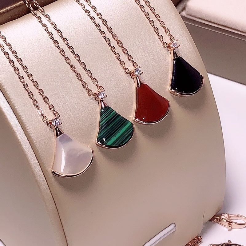 [Ready Stock]Fashion Plated S925 Silver Necklace Inlaid Color Gemstone Fan Pendant Necklace