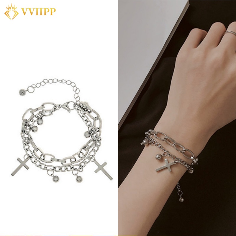 Korean Fashion Cross Round Bead Multilayer  Silver Bracelet Creative Couple Bracelets Jewelry Accessories