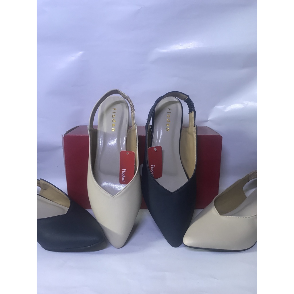 SANDAL WANITA FLADEO HAK TALI KARET CREAM NAVY