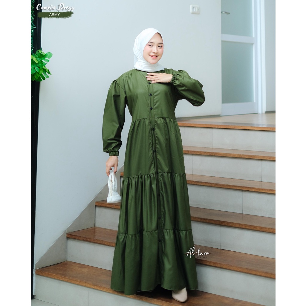 Gamis Toyobo kancing camelia ori alfaro katun jepang adem rempel Ruffle serut kerut saku busana muslim