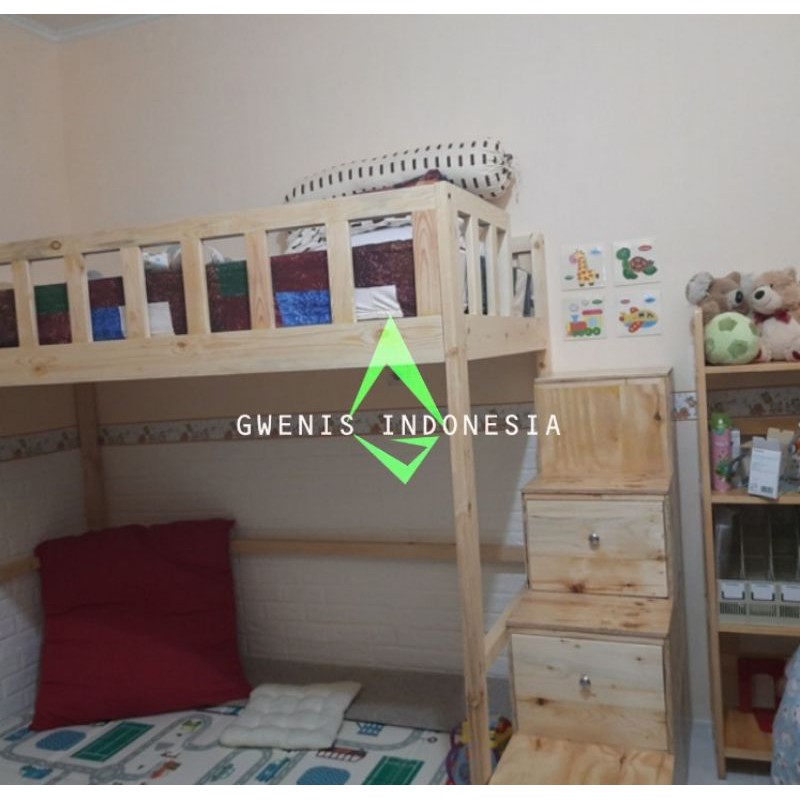 GWENIS DIPAN KASUR ANAK DENGAN ANAK TANGGA LACI FULL JATI BELANDA TERLARIS SE INDONESIA