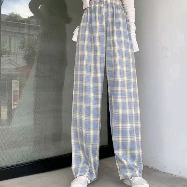 One Set Grey Blue Blouse Crop + Celana tartan Kulot - Setelan Wanita Korean Style