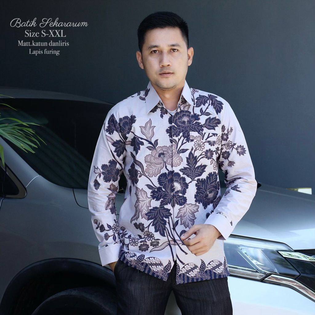 baju batik pria NAVY BUNGA CREAM SILVER  lengan panjang modern M L XL XXL PREMIUM SEKARARUM