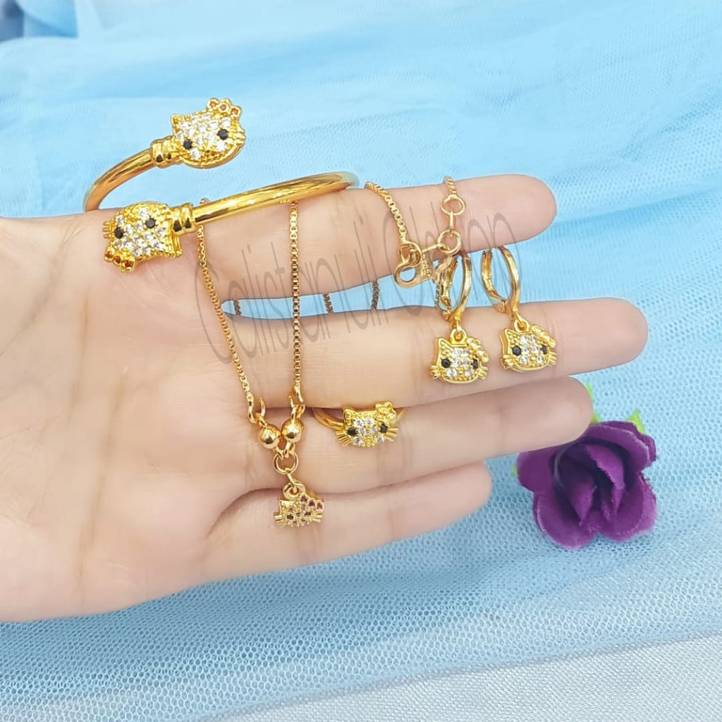 SET ANAK KITTY KEPALA FULL MATA ZICRON PERHIASAN EMAS KOREA ANTI KARAT DAN ANTI LUNTUR