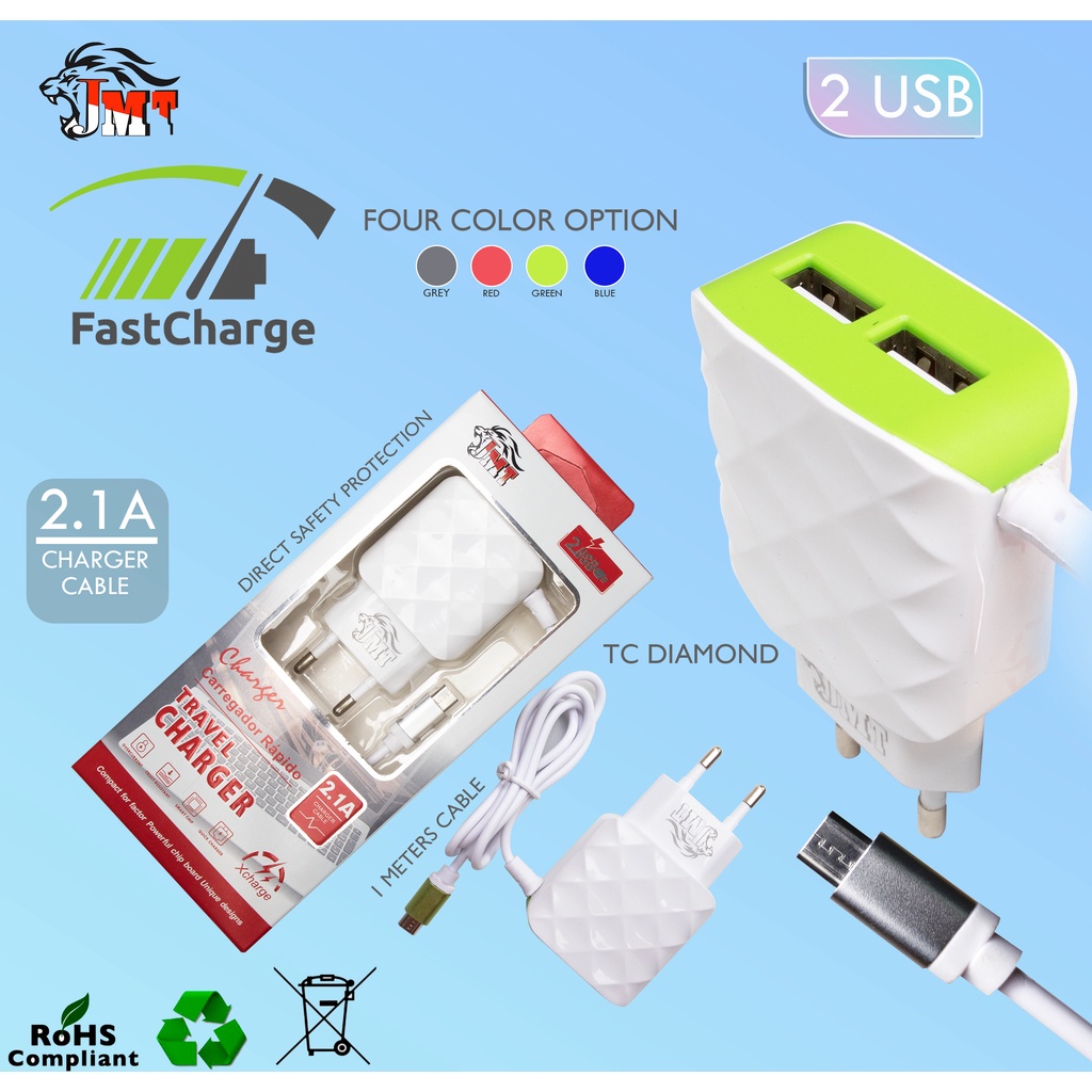 JM Tech Charger Diamond 2.1A Branded 2 USB Micro Samsung/Oppo/Xiaomi/Vivo