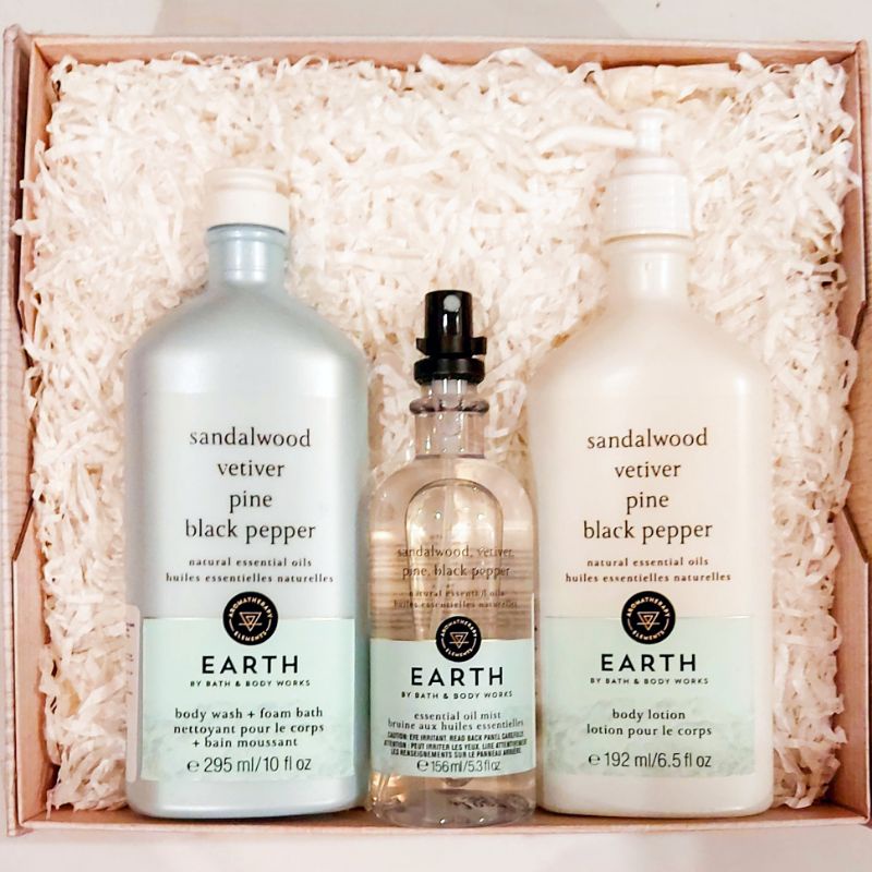 BBW AROMATHERAPHY EARTH SANDALWOOD, VETIVER, PINE, BLACK PEPPER GIFT SET PAKET BATH &amp; BODY WORKS