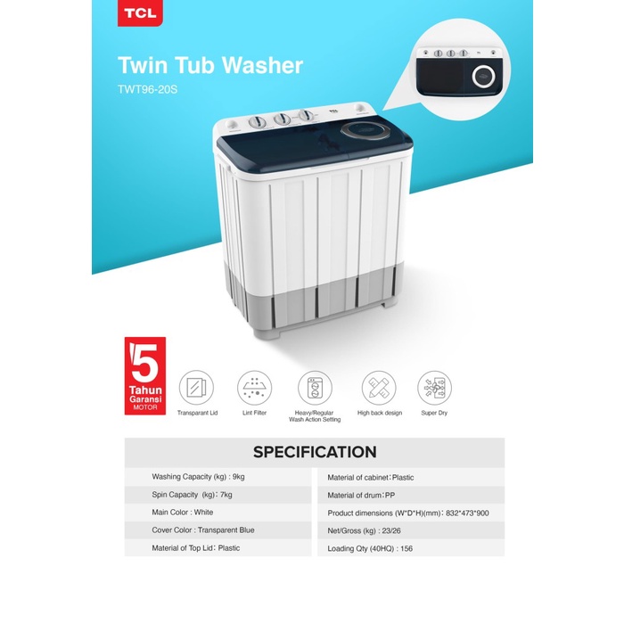 TCL Twin Tub Washer 8 Kg Mesin Cuci Semi Auto TWT96-20S Free ongkir Jakarta