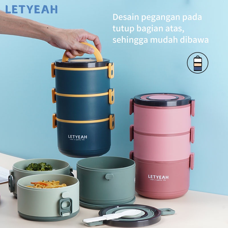 letyeah lunch box set anti tumpah 2200 ml/cutlery set stainless 3 in 1/kotak makan 3 susun kapasitas tinggi