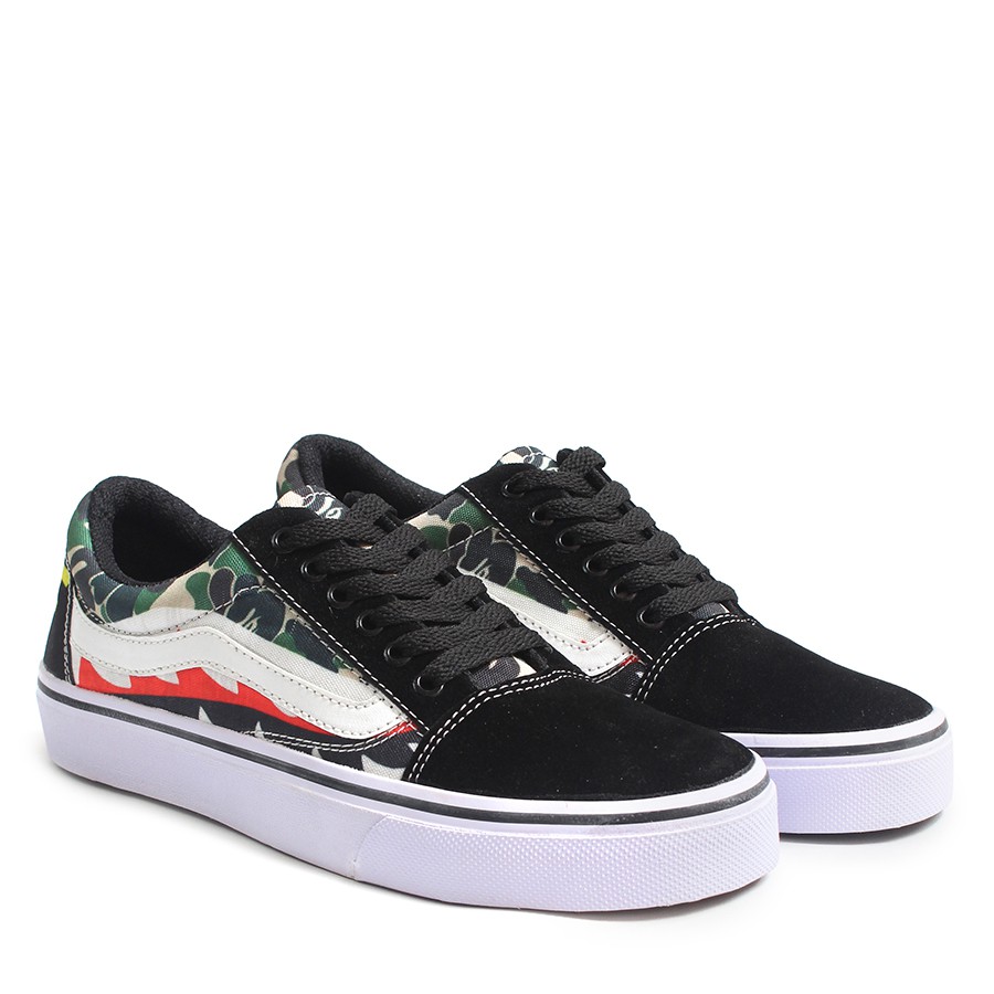 MS - Sepatu Sneakers Premium Pria Vans Oldskool Bape Hitam Bertali Cowok Santai Kuliah Keren Terbaru