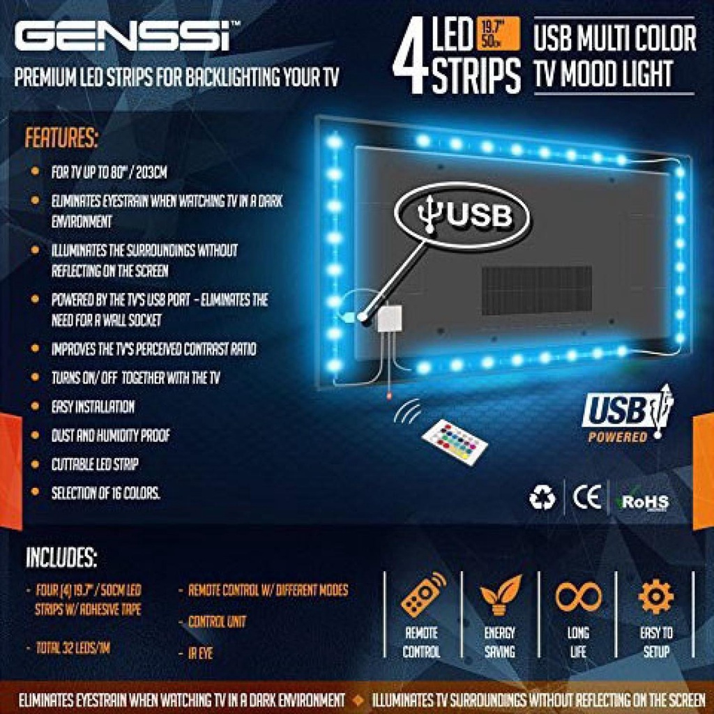 Genssi LED Strip RGB 5050 50cm 2PCS dengan 5V USB &amp; Remote Control