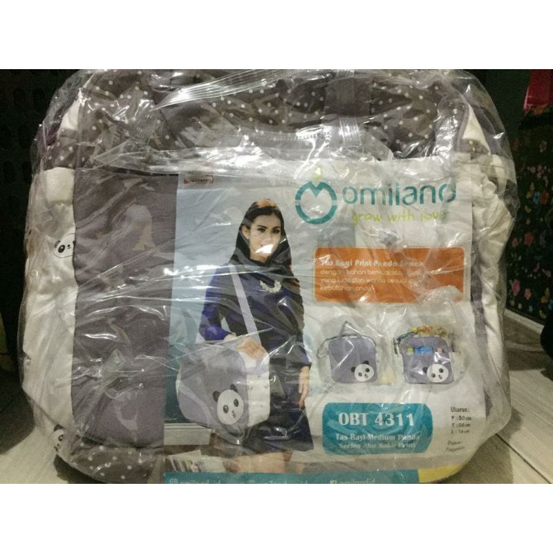 Tas Bayi OMILAND medium panda abu, medium mono polka biru