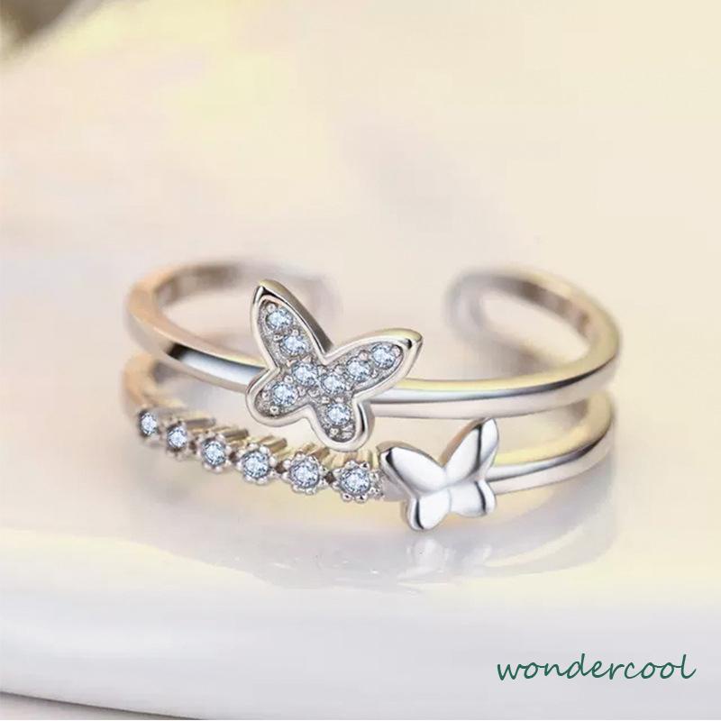 Double Butterfly Diamond Ring Pembukaan Cincin Dapat Disesuaikan Wanita Fashion Perhiasan Aksesoris Hadiah Natal -Won