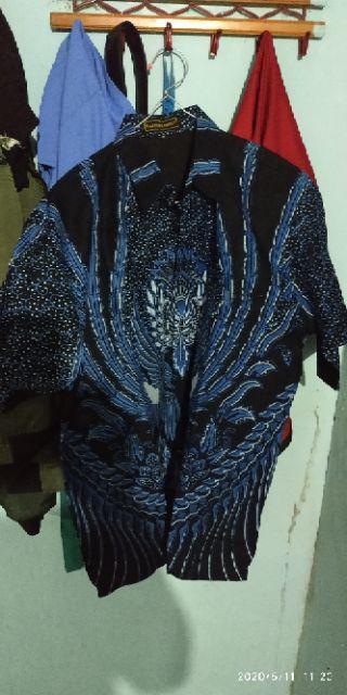 Manuk Peksi Biru Pendek Kemeja Batik Pria Full Furing Katun Primisima