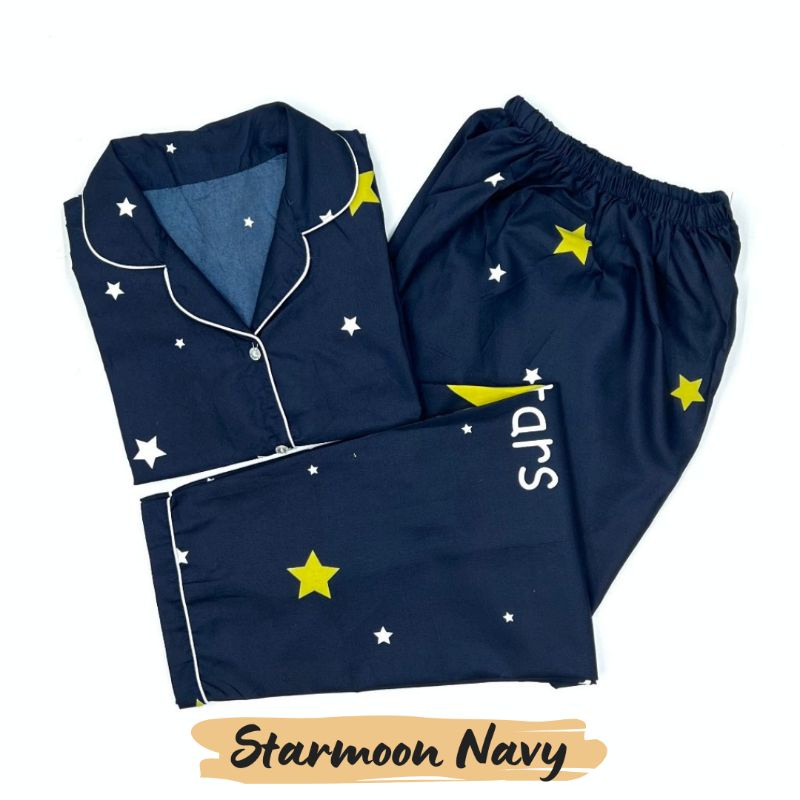 Baju Tidur Wanita | Piyama Wanita Kekinian | Oneset Setelan Wanita Bahan Katun Polymicro Bebas Pilih Motif-Starmoon Navy
