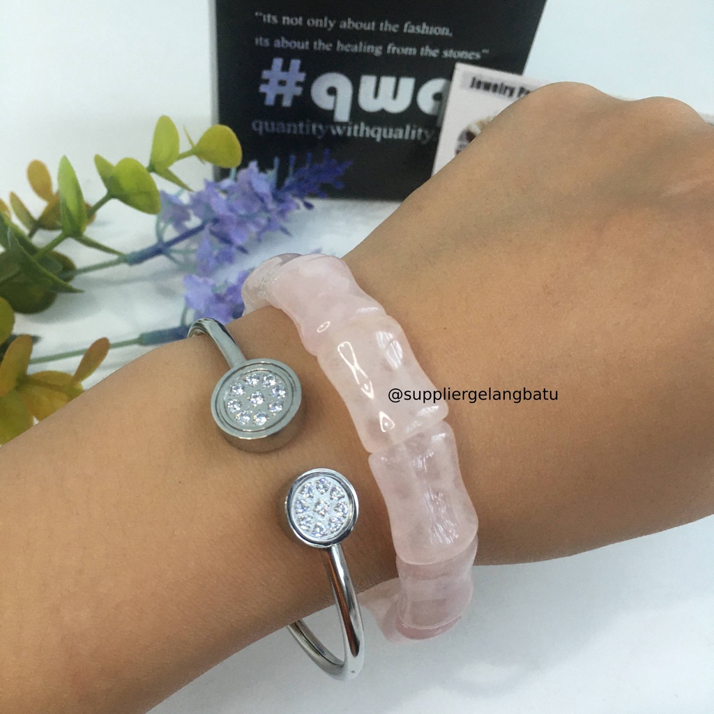 Gelang Batu ROSE QUARTZ TULANG limited natural asli akik PINK KUARSA