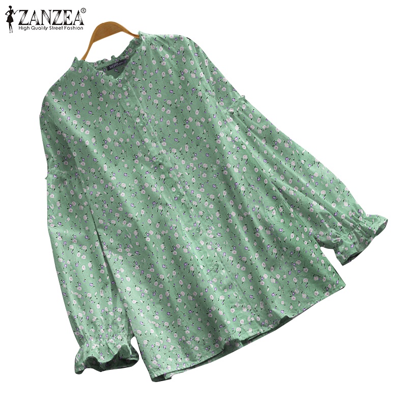 ZANZEA Women Full Sleeved Holiday O-Neck Blouse Puff Sleeved Floral Shirts