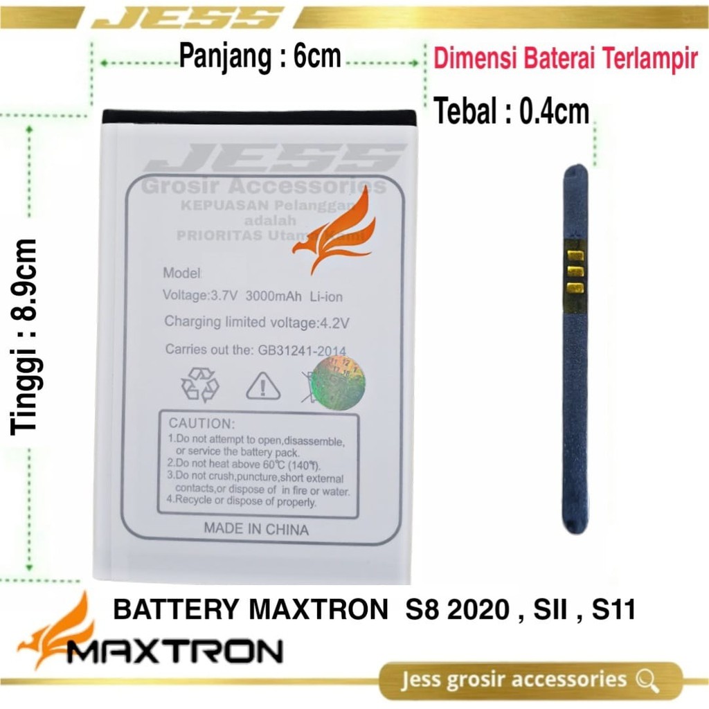 Baterai Batre Original MAXTRON S8 2020 ( ukuran Battery Panjang 6.0 cm Tinggi 8.9 cm Lebar 0.4 cm )