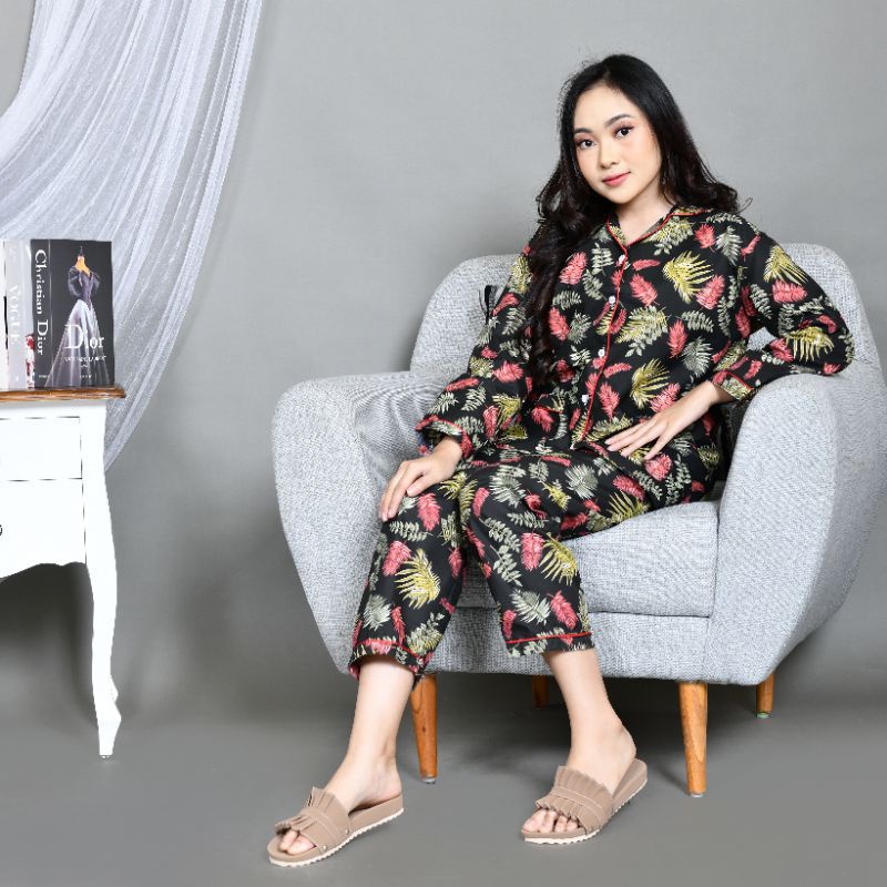 Baju Tidur Piyama Wanita/Cewek Pajamas Dewasa Katun Motif Daun Luina PP Lengan Panjang Kekinian