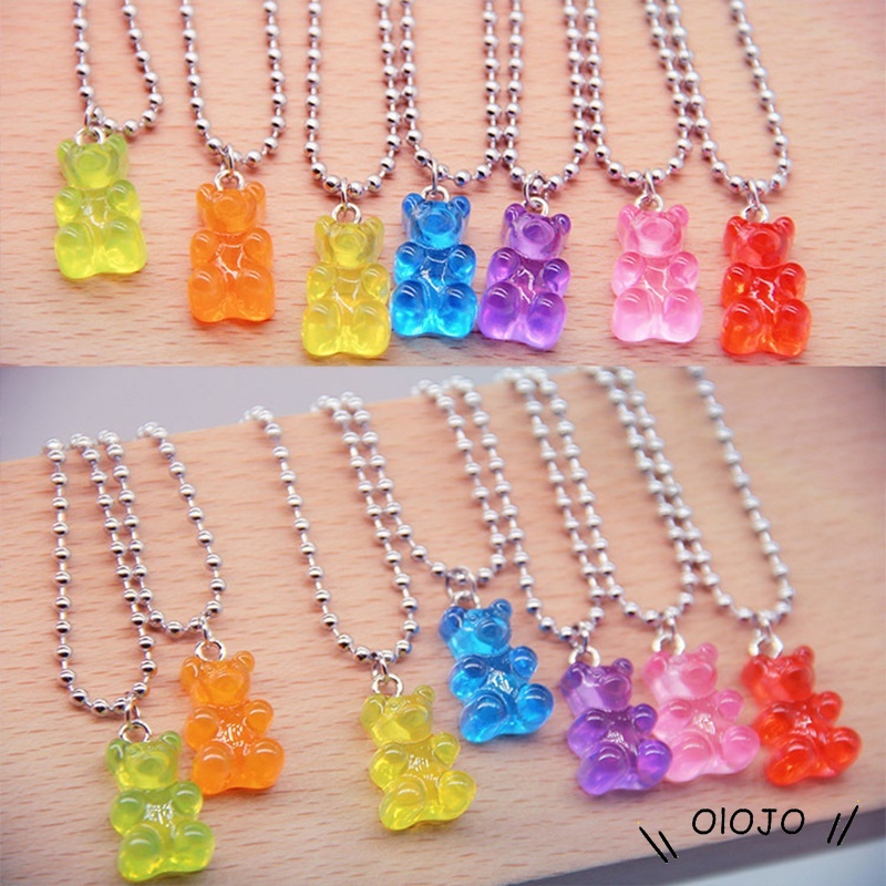 Transparan Beruang Bulat Rantai Kalung Liontin Resin Kartun Warna Cerah Fashion Jewelry - Ol