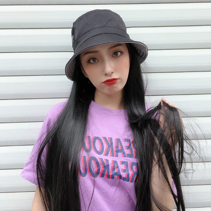 Wig Topi Bucket Long Straight Hair Korean Version Wig Topi Rambut Palsu Wanita / Wig Topi Bucket Hat / Wig Topi Bundar