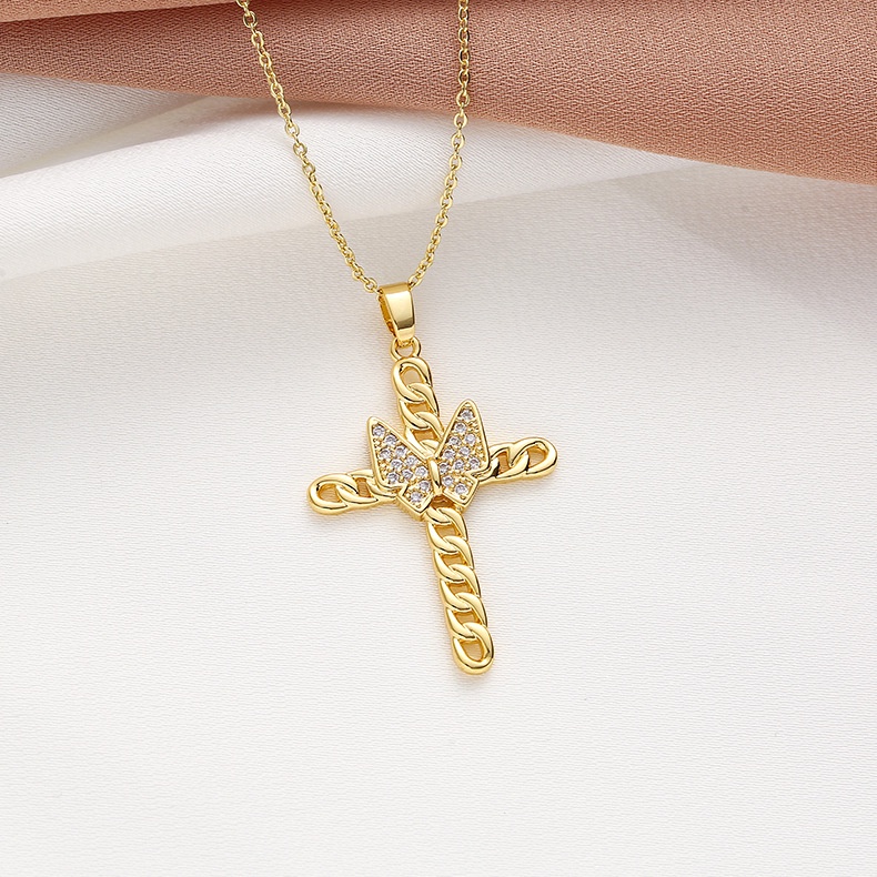 XiaoboACC Kalung Rantai Klavikula Desain Butterfly Cross Bahan Stainless Steel Lapis Emas Ukuran Untuk Wanita - 45CM+5CM