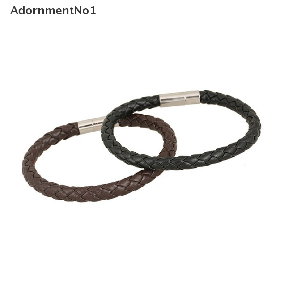 (AdornmentNo1) Gelang Tangan Kulit Hitam Aksen Buckle Magnet Bahan Stainless Steel Untuk Pria / Wanita