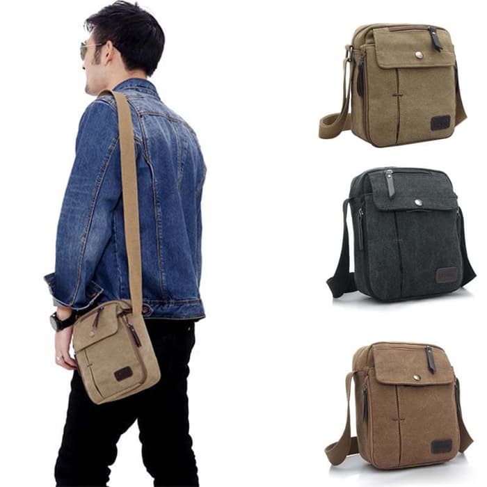 Trend-Tas Selempang Kanvas Kotak Pria Sling Bag Cowok B530