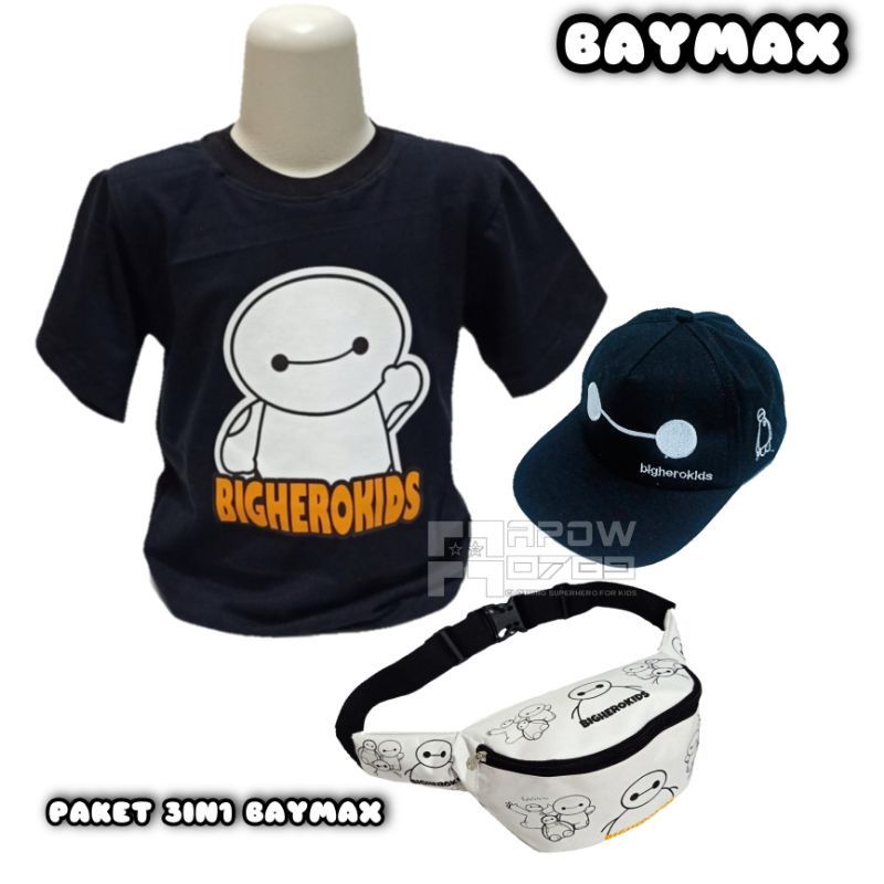 {BISA COD} Paket 3IN1 kaos Hoodie anak baymax / Tas Waistbag dan topi baymax