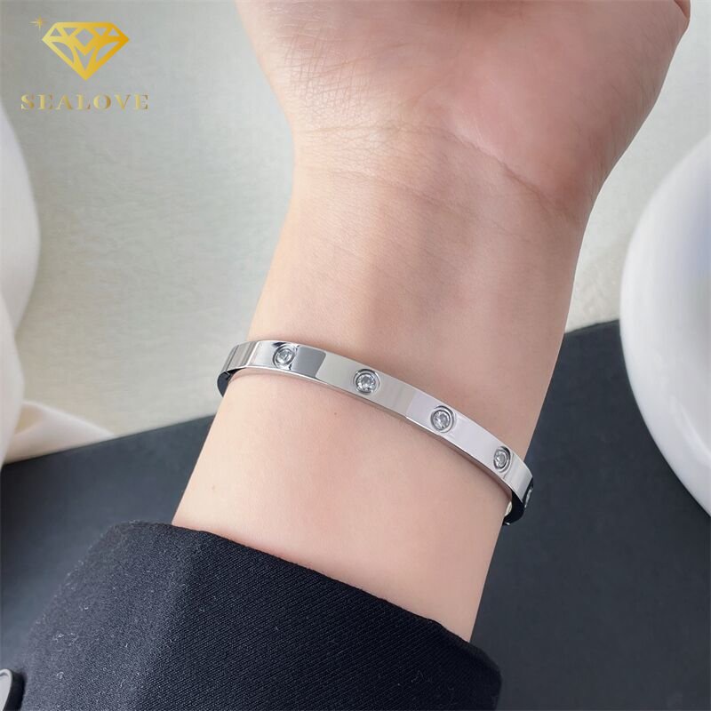 Gelang Tangan Titanium Wanita Berlian Premium Lapis Emas 18K Bulat Anti Karat Bangle Korea Perhiasan