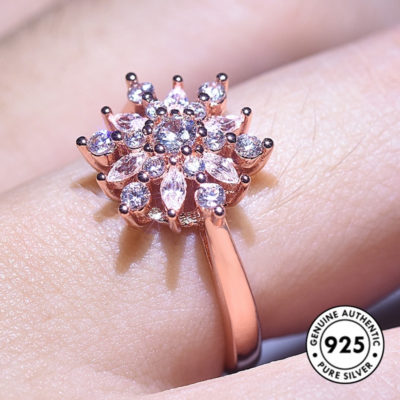 Cincin Desain Snowflake Aksen Berlian Bahan S925 Silver Warna Rose Gold