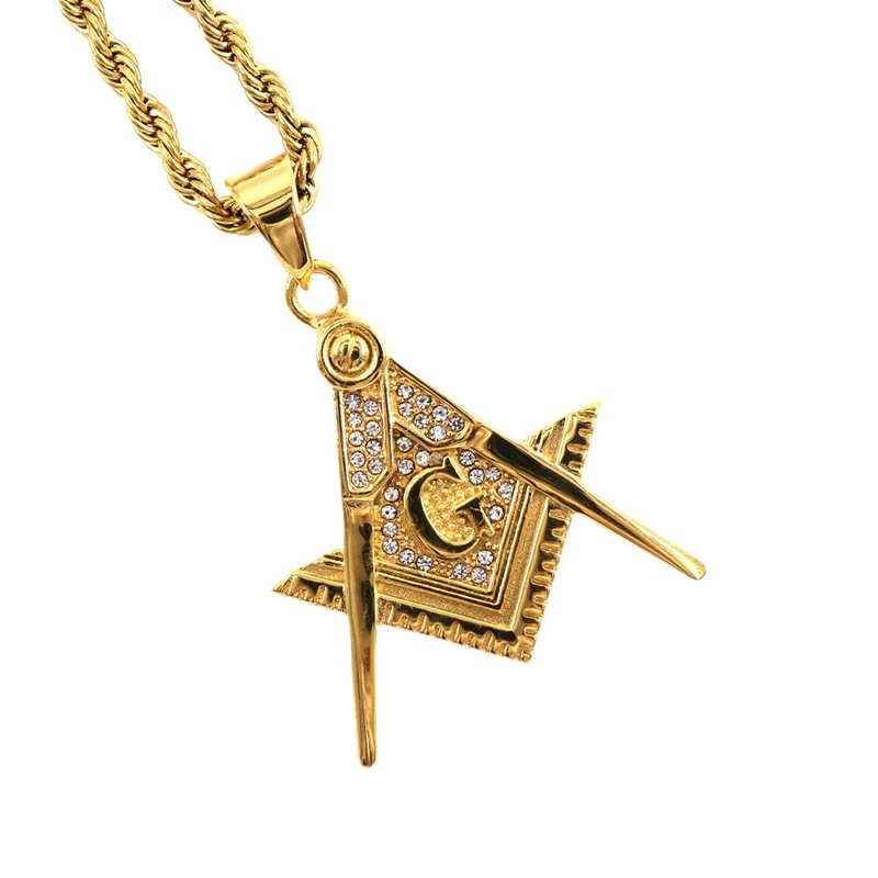 Kalung Liontin Masonic Gold Inlaid Aksen Berlian Untuk Pria