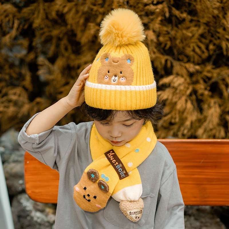 Beanie set kids topi syal winter anak kupluk musim dingin balita hangat import cute lucu penghangat leher kepala cowok cewek dino rabbit