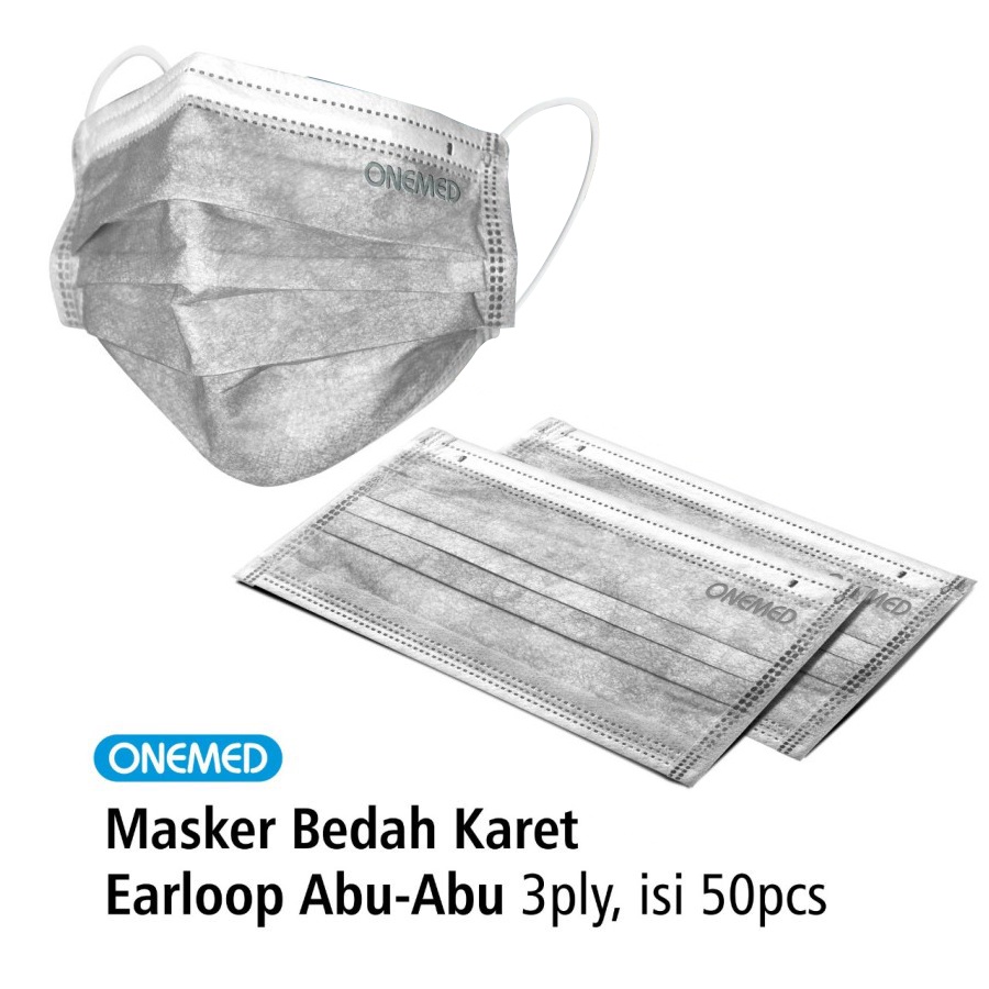 ONEMED MASKER MEDIS BEDAH KARET 3PLY WARNA ABU ABU / GREY ISI 50PCS