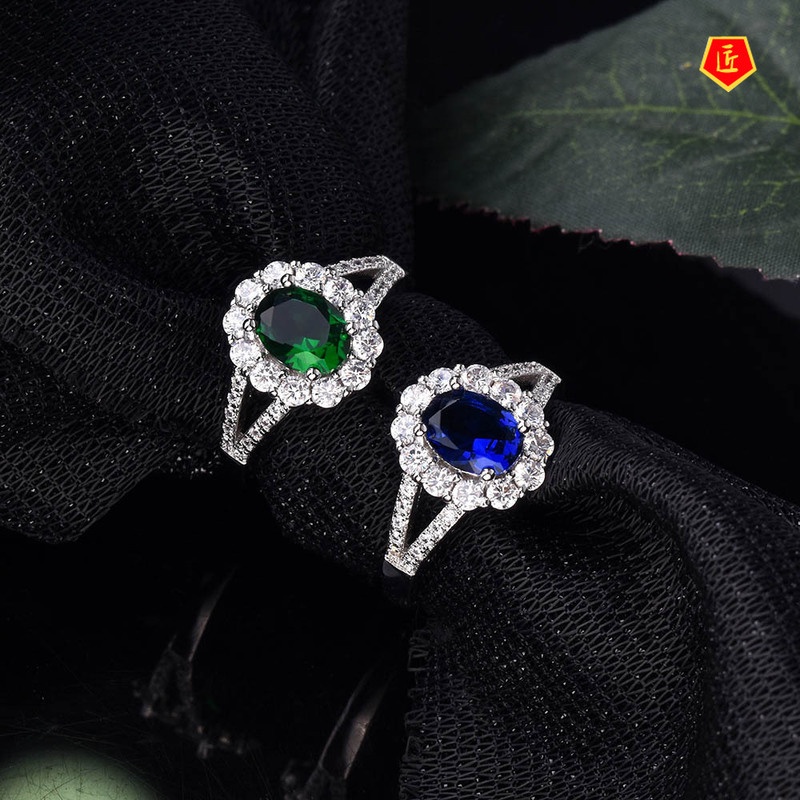 [Ready Stock]New Inlaid Sapphire Ring Luxury Temperament Emerald