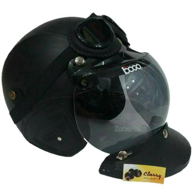 Helm kulit sni dewasa hitam polos komplit, kacamata google , topi path kaca bogo BONUS sarung helm
