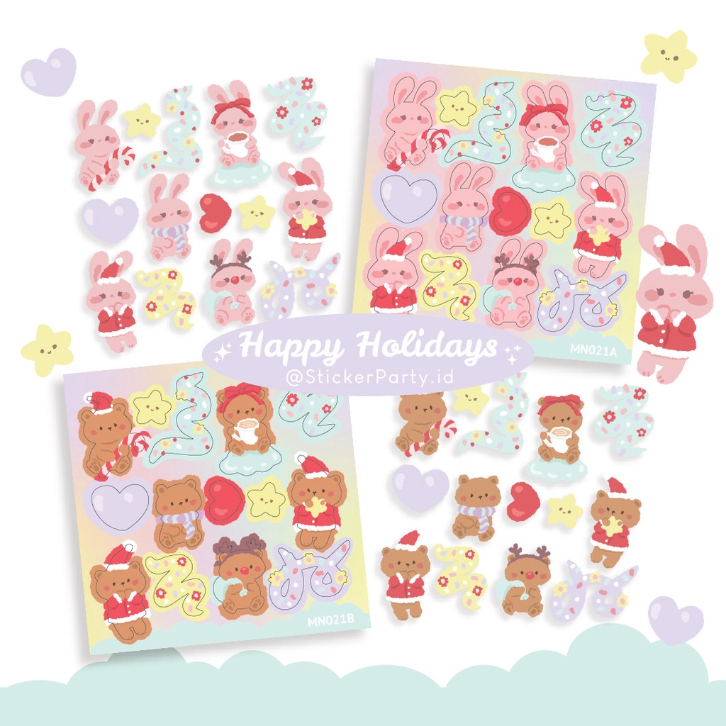 

Stiker Happy Holidays Bunny and Bear by Sticker Party Kiss Cut Glitter Hologram Deco Jurnal Polaroid Kpop Toploader Casing HP Laptop Tema Natal Christmas Xmas MN021