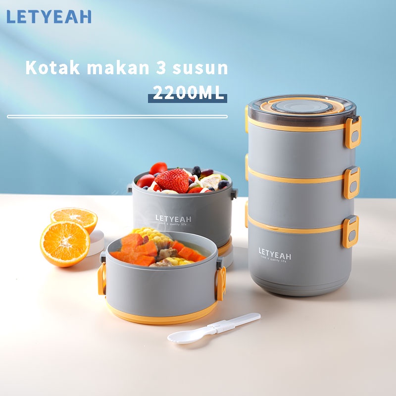 letyeah kotak makan anti tumpah / lunch box 3 susun / tempat penyimpanan makanan 2200ml / sendok gratis