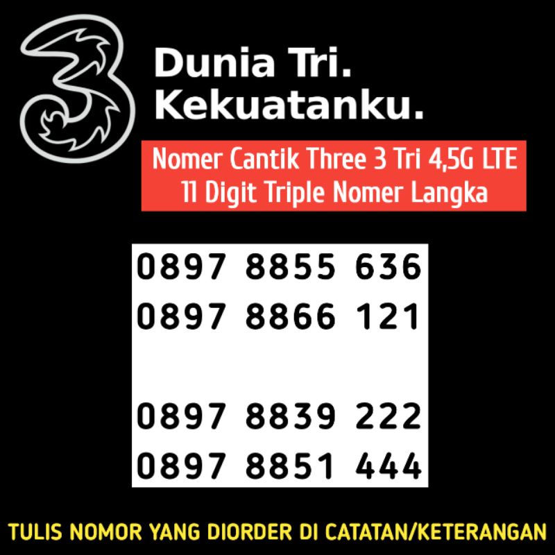 Nomor Cantik Tri 3 Three 11 Digit Kartu Perdana 4G Nomer Triple Super