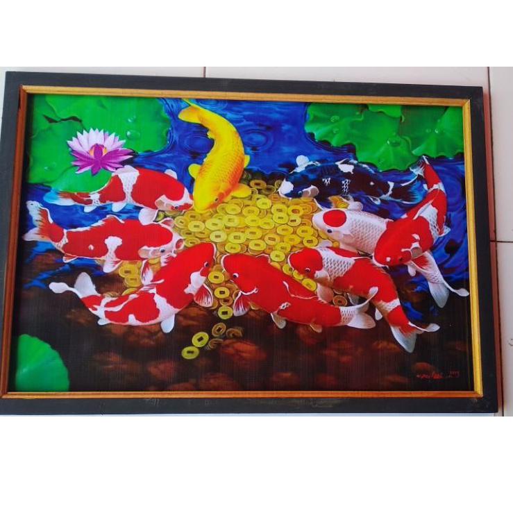 (Murah banget) lukisan cetak ikan koi dan koin emas Plus bingkai ➯ ➯