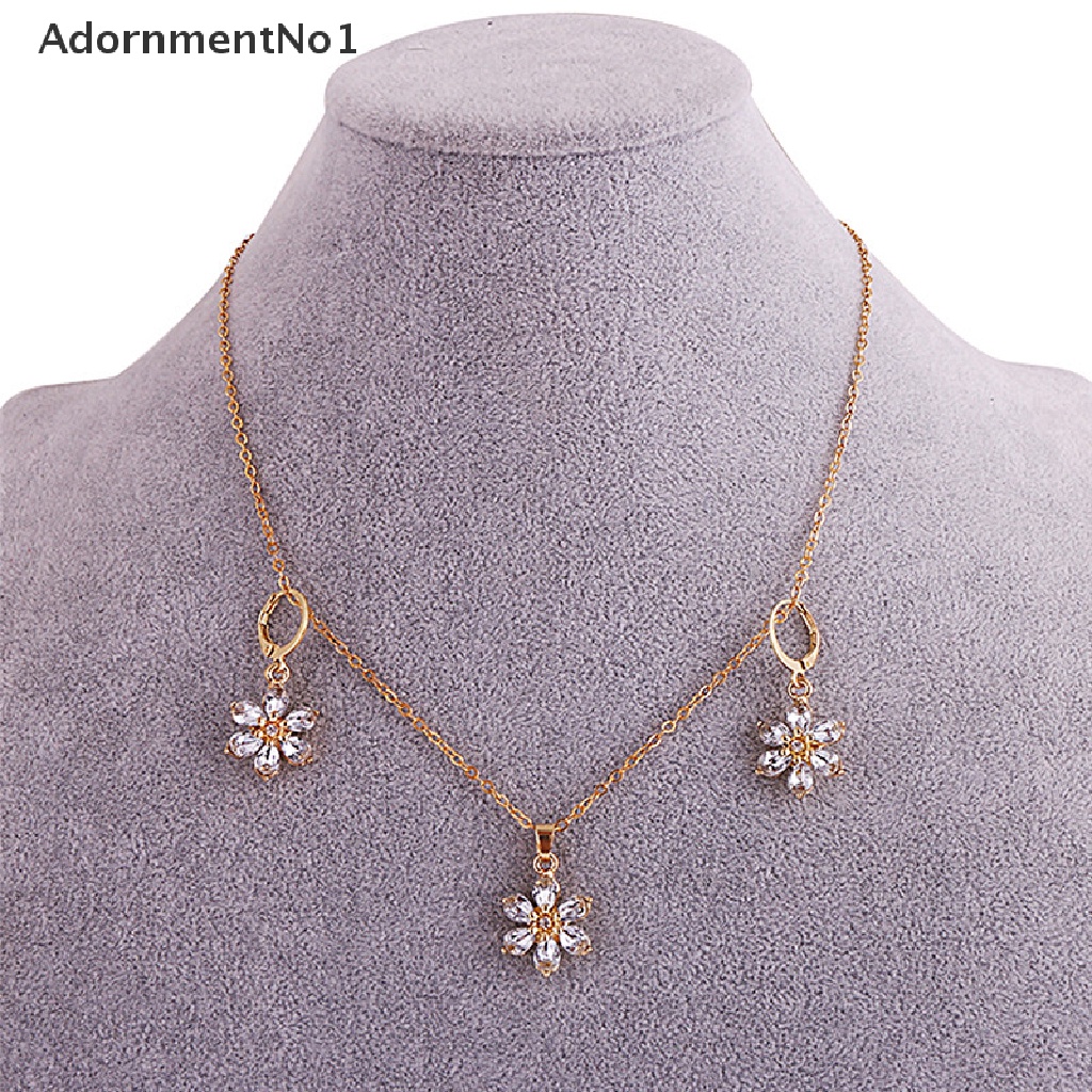 (AdornmentNo1) Set Kalung + Anting Tusuk Lapis Emas Desain Bunga Hias Berlian Imitasi Untuk Wanita