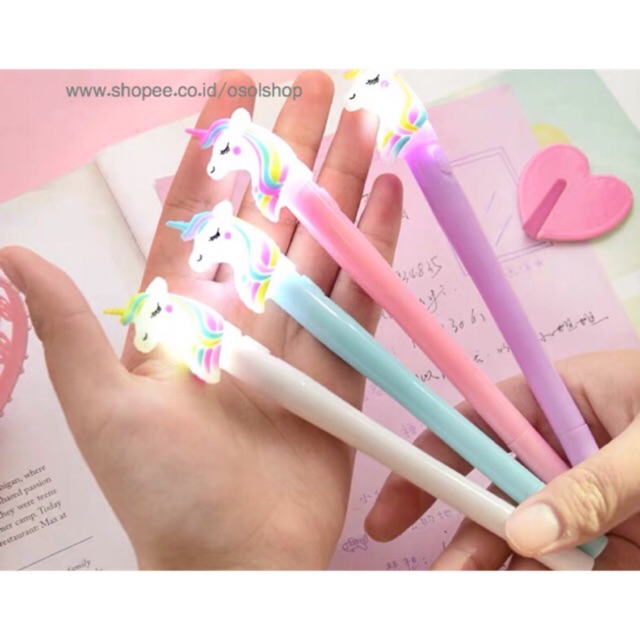 SATUAN Pulpen lampu Unicorn / ecer poni pony DINO LED gel pen / bolpen kuda lucu unik murah souvenir